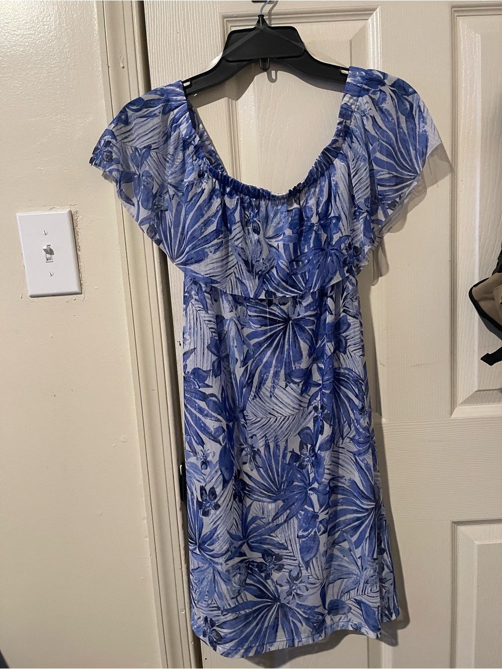 Blue Floral Off-Shoulder Swim Coverup Dress